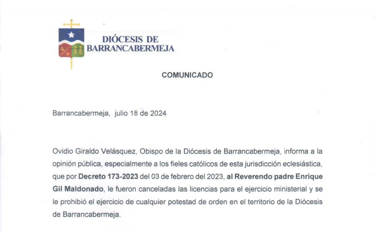Comunicado de Monseñor Ovidio Giraldo Velásquez, Obispo de nuestra Diócesis de Barrancabermeja
